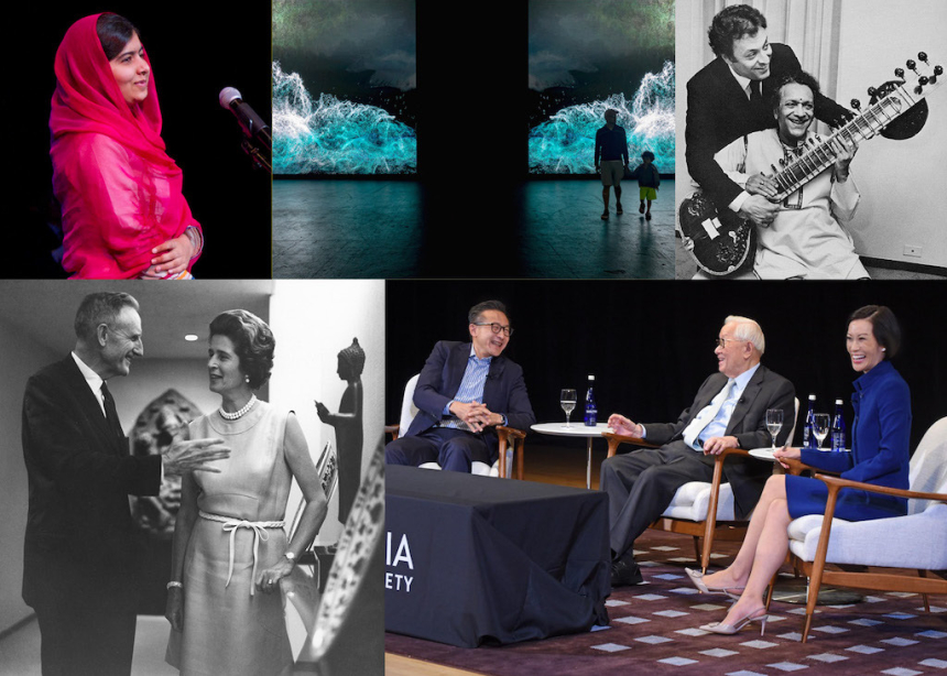 Grid of photos (lef to right): Malala Yousafzai. Visitors at the Coal + Ice exhibition.  Zubin Mehta and Ravi Shankar, the Indian-born sitarist.  John D. Rockefeller 3rd and Blanchette Hooker Rockefeller. Joe Tsai, Co-Founder and Chairman of Alibaba Group, and Dr. Morris Chang.