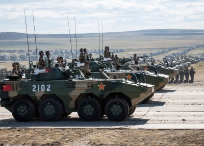 Chinese troops and military equipment parade at the end of the day of the Vostok-2018 (East-2018) military drills