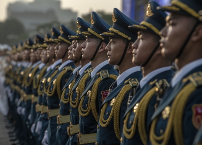 Members of a People's Liberation Army band stand together