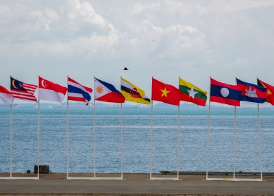 Flag of member nations of the Association of Southeast Asian Nations' (ASEAN) flags are displayed at a naval base during the ASEAN Solidarity Exercise Natuna 2023 in Batam.