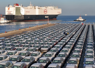 The photo taken on January 10, 2024 shows electric cars for export waiting to be loaded on the "BYD Explorer NO.1", a domestically manufactured vessel intended to export Chinese automobiles, at Yantai port, in eastern China's Shandong province. (Photo by AFP) / China OUT (Photo by STR/AFP via Getty Images)