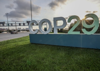 A sign for COP29, the United Nations Climate Change Conference, is on display in Baku on November 3, 2024