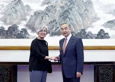 Wang Yi and Kyung-wha Kang shaking hands